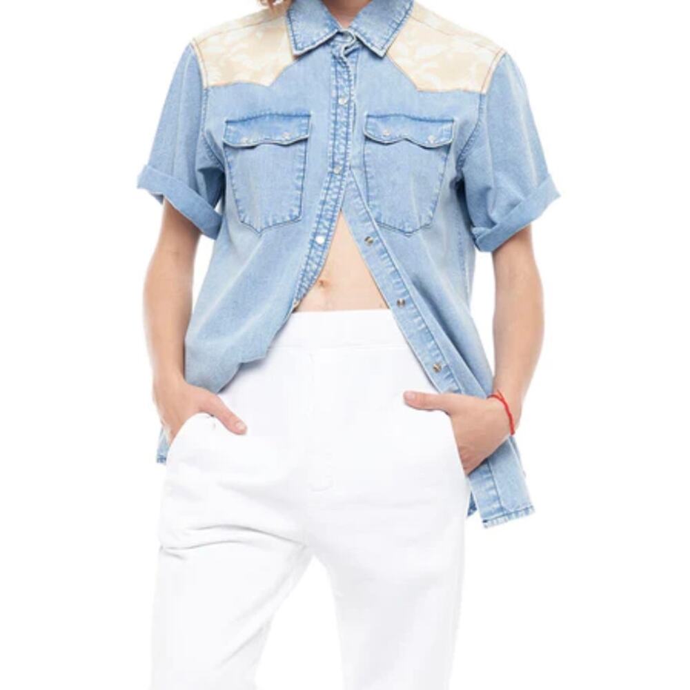 NEW Free People Sandrine Rose Short Sleeve Denim Western Shirt Womens XS